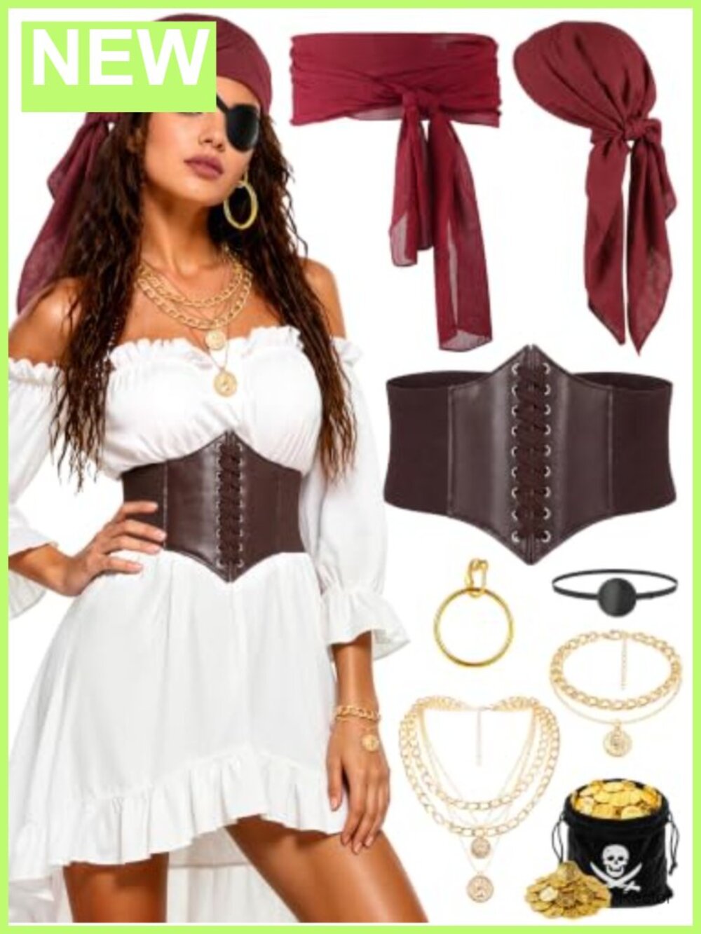 8PCS Pirate Costume Accessories Set with Corset Belt, Scarf, Jewelry